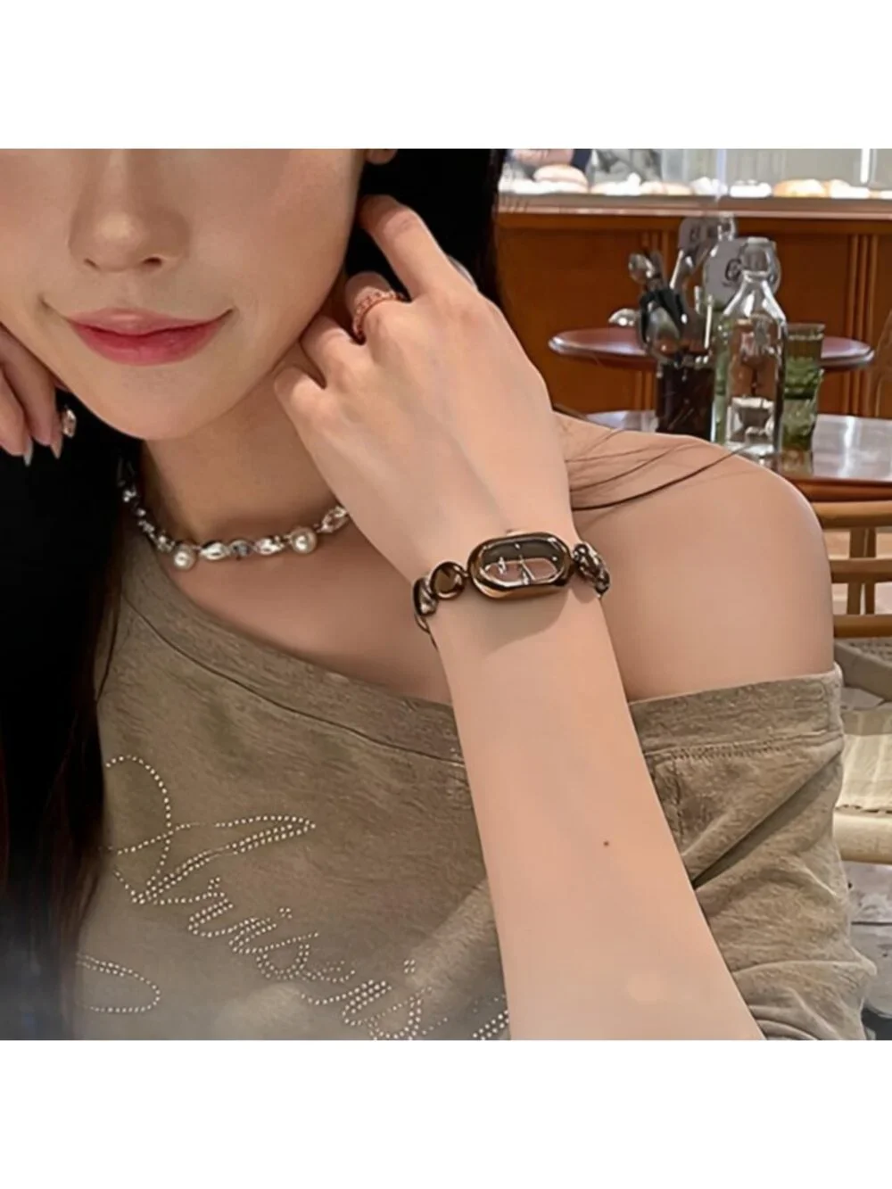 Petite Dainty Beaded Bracelet Watch - Oval Analog Quartz Timepiece for Women